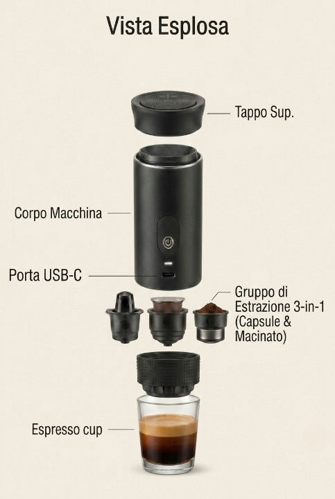 Rò-Koffy: Macchinetta del caffè portatile 3-in-1